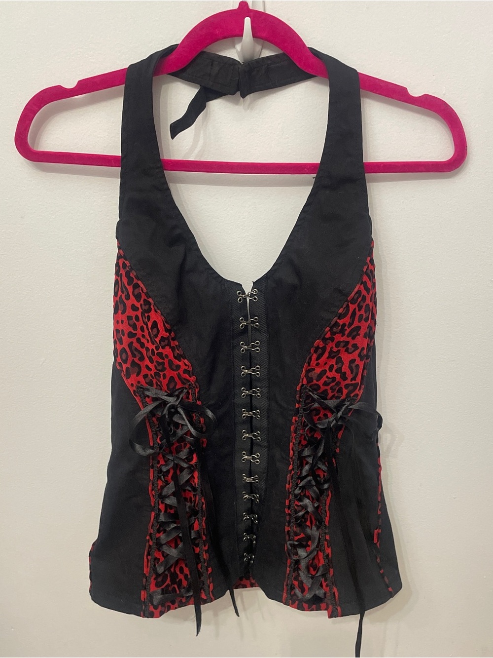 Y2K Royal Bones Leopard Gothic Black and Red Lace Up Corset Top Sz XL